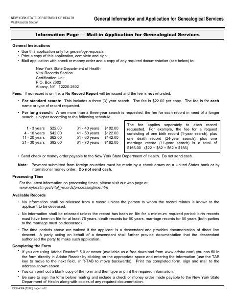 First page of the General Information and Application for Genealogical Services