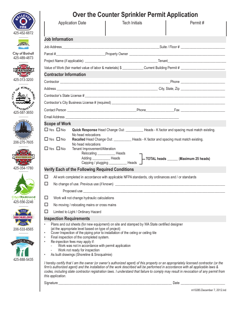 First page of the Over the Counter Sprinkler Permit Application