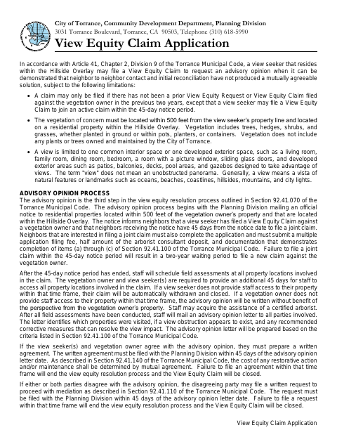 First page of the View Equity Claim Application