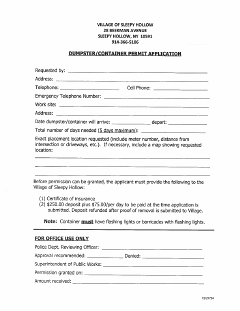 First page of the Dumpster/Container Permit Application