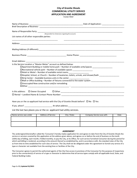 First page of the Commercial Utility Service Application and Agreement