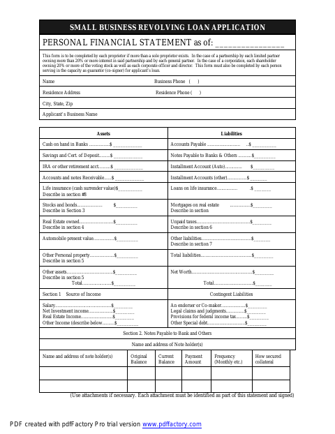 First page of the Small Business Revolving Loan Application