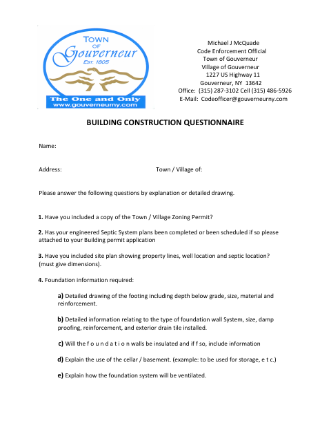 First page of the Building Construction Questionnaire