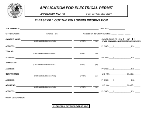 First page of the Application for Electrical Permit