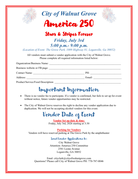 First page of the Vendor Application America 250