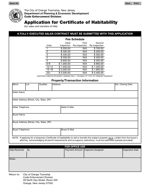 First page of the Application for Certificate of Habitability