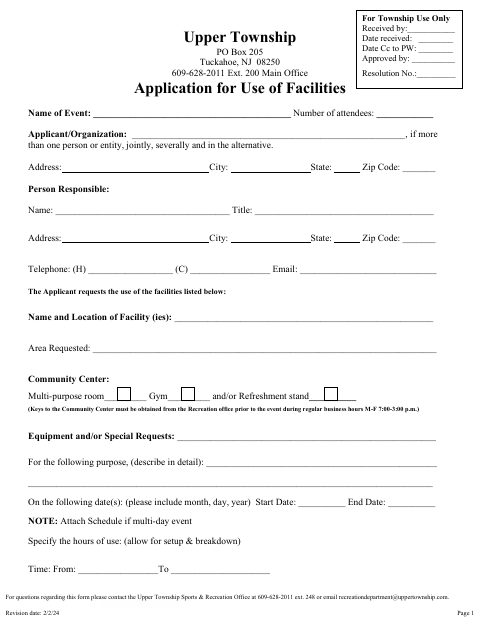 First page of the Application for Use of Facilities