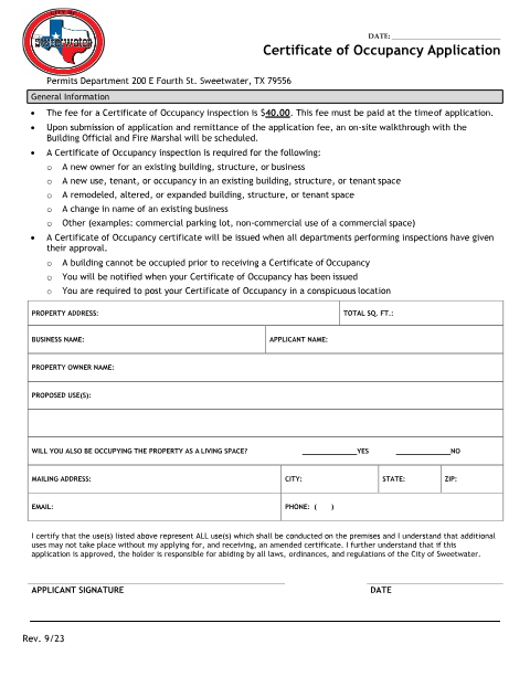 First page of the Certificate of Occupancy Application