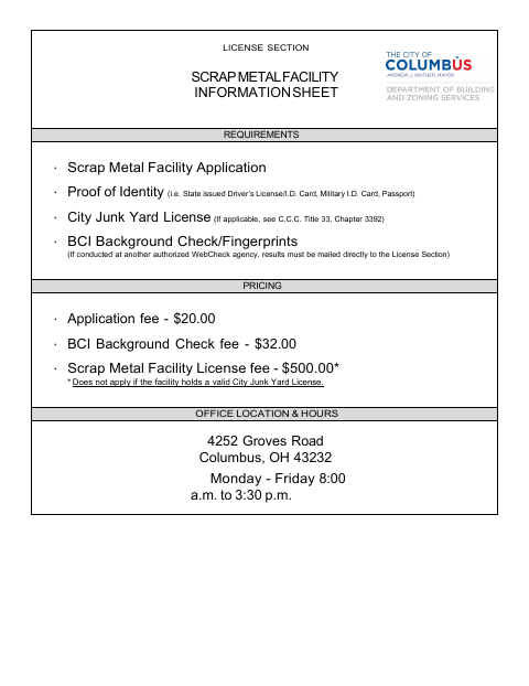 First page of the Scrap Metal Facility License Application