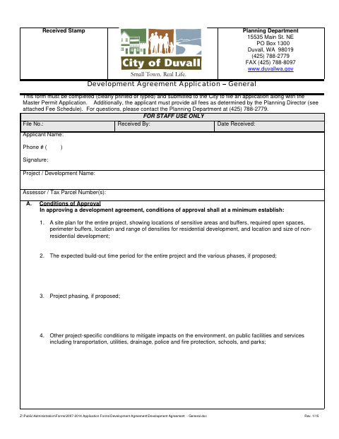 First page of the Development Agreement Application – General