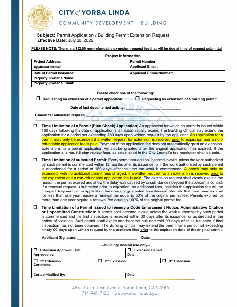 First page of the Permit Application / Building Permit Extension Request