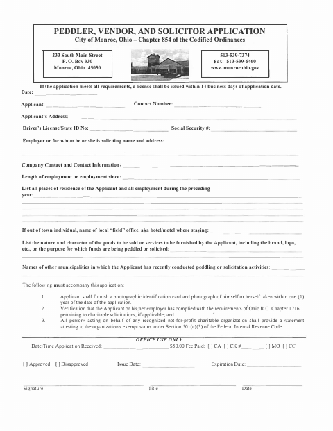 First page of the Peddler, Vendor, and Solicitor Application