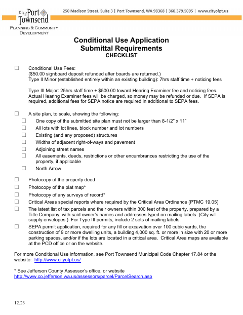First page of the Conditional Use Application Submittal Requirements Checklist
