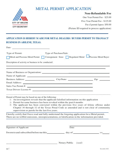 First page of the Metal Permit Application