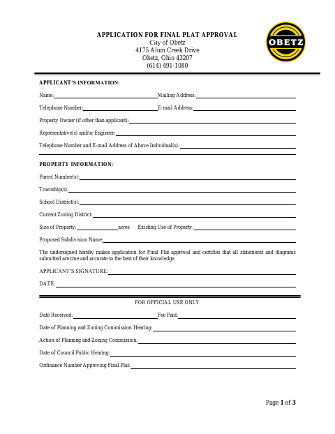 First page of the Application for Final Plat Approval