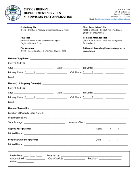 First page of the Subdivision Plat Application