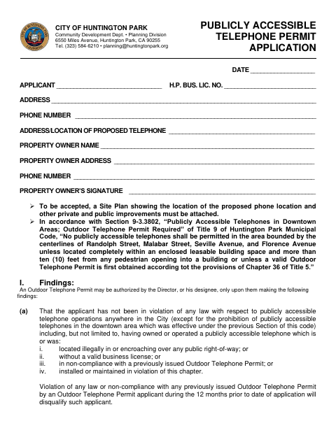 First page of the Publicly Accessible Telephone Permit Application