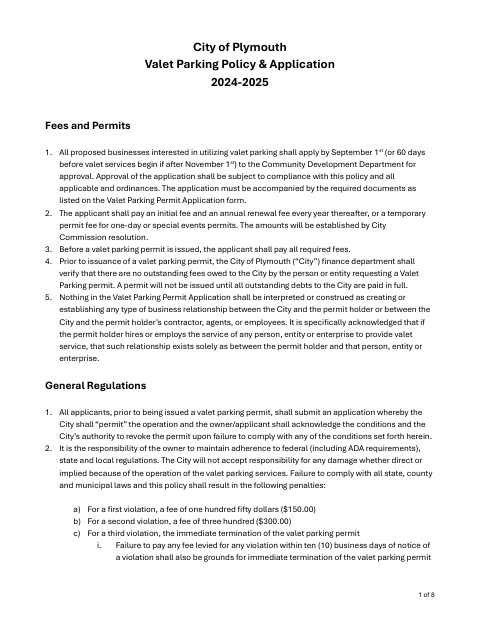 First page of the Valet Parking Permit Application