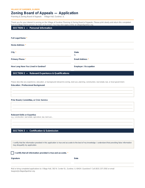 First page of the Zoning Board of Appeals Application