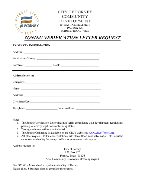 First page of the Zoning Verification Letter Request