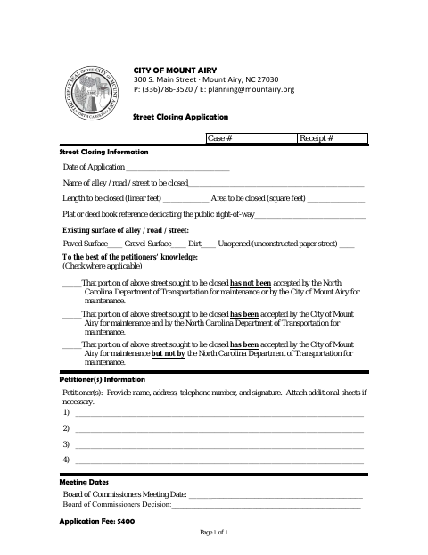 First page of the Street Closing Application