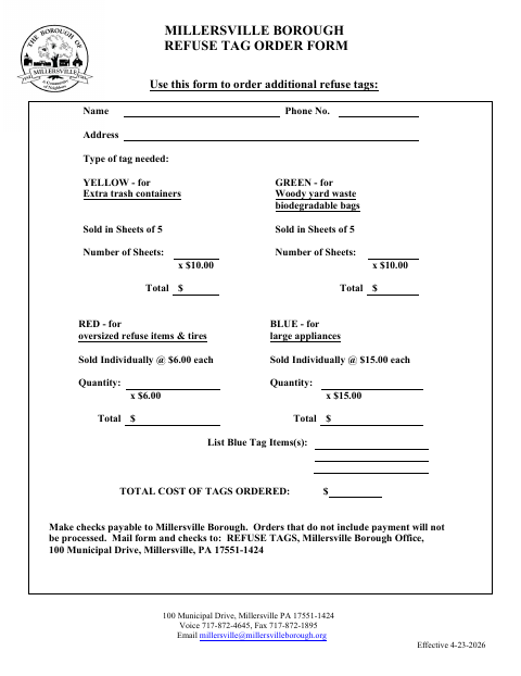First page of the Refuse Tag Order Form