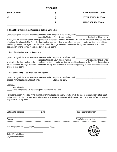 First page of the Plea Declaration Form