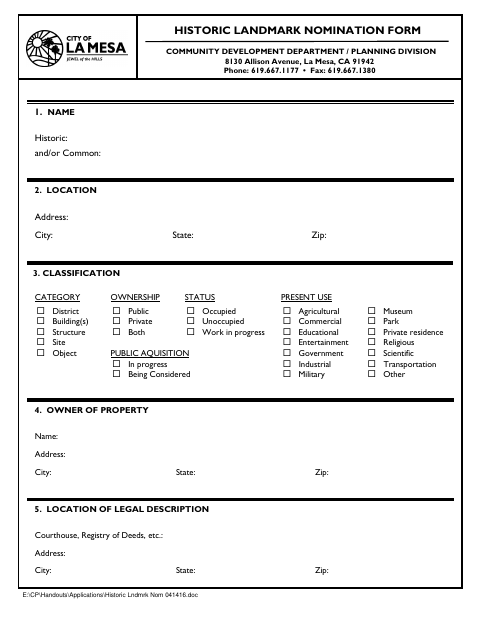 First page of the Historic Landmark Nomination Form