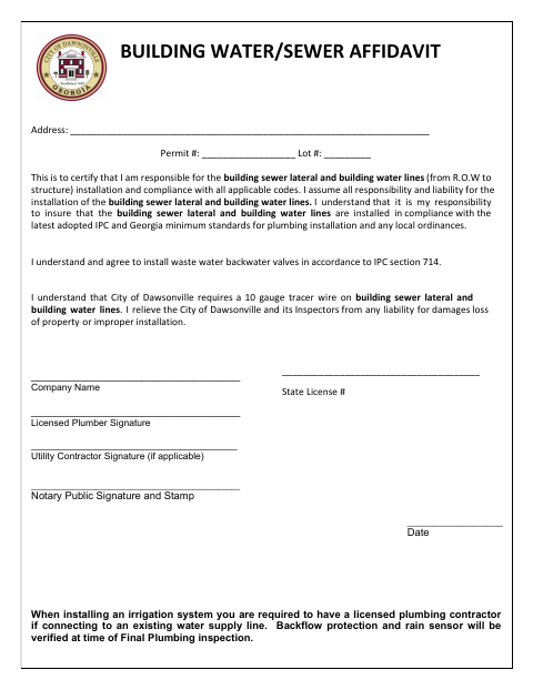 First page of the Building Water/Sewer Affidavit