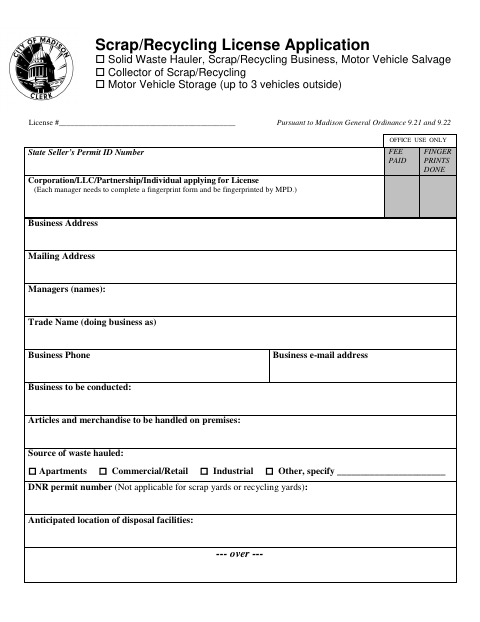 First page of the Scrap/Recycling License Application