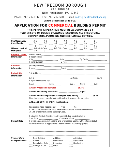 First page of the Commercial Building Permit Application