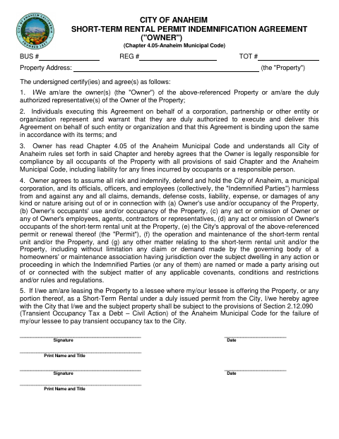 First page of the Short-Term Rental Permit Indemnification Agreement