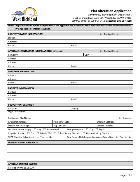 First page of the Plat Alteration Application