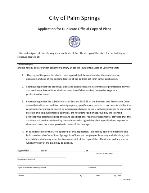First page of the Application for Duplicate Official Copy of Plans