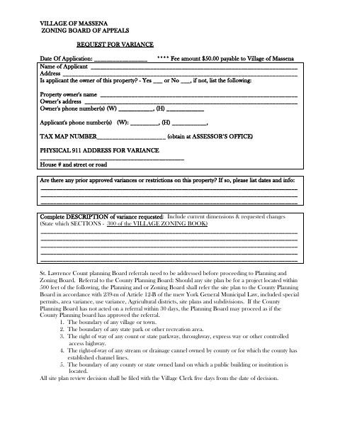 First page of the Zoning Board of Appeals Request for Variance