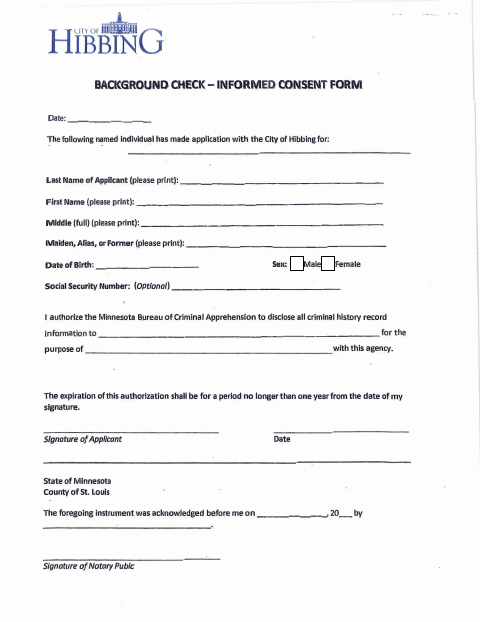 First page of the Background Check Informed Consent Form