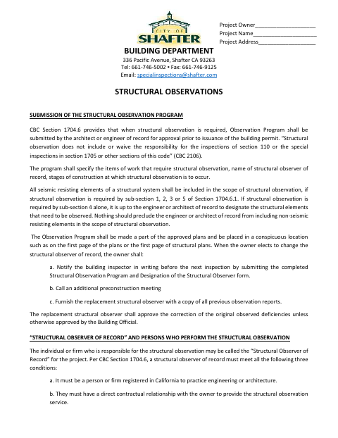 First page of the Structural Observation Program