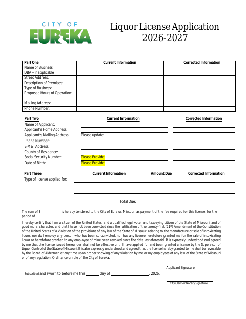 First page of the Liquor License Application
