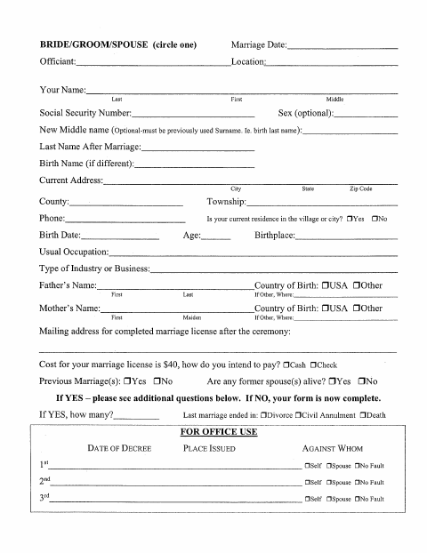 First page of the Marriage License Form