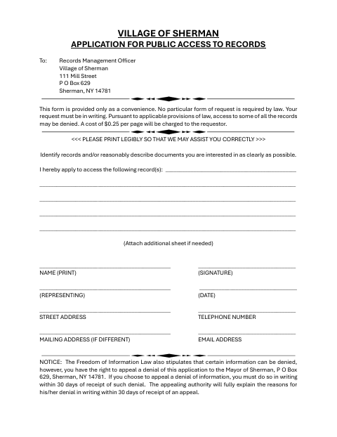 First page of the Application for Public Access to Records