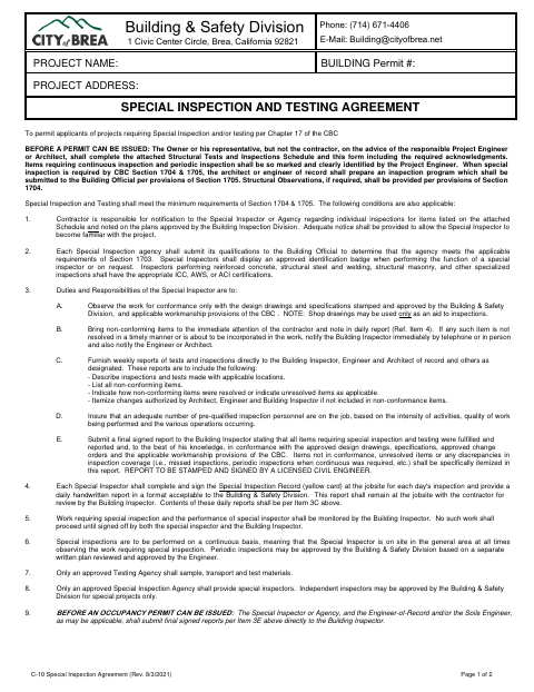 First page of the Special Inspection and Testing Agreement