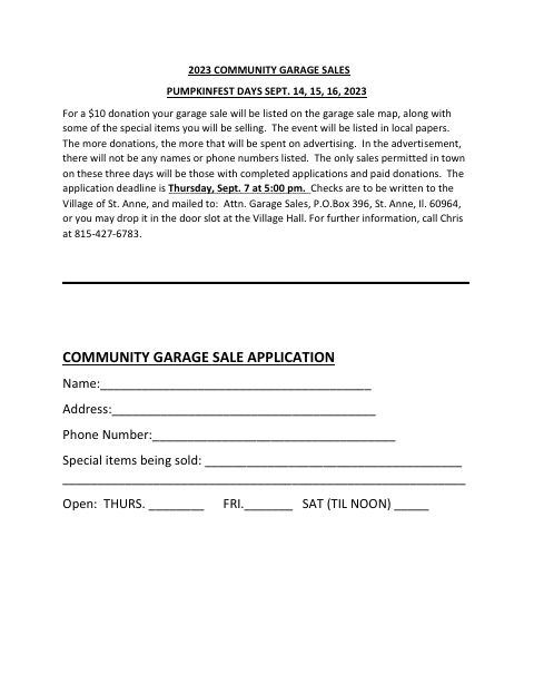 First page of the Community Garage Sale Application