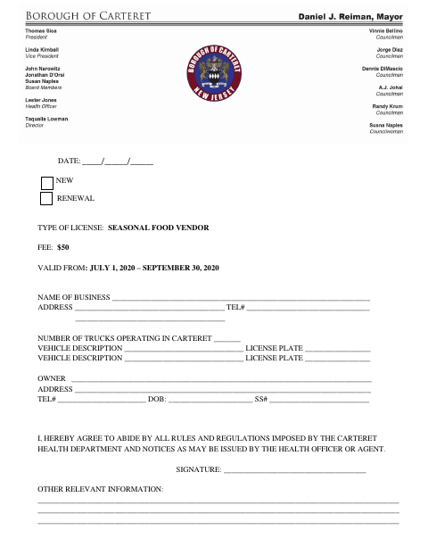 First page of the Seasonal Food Vendor License