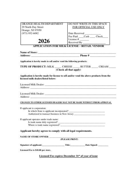 First page of the Application for Milk License – Retail Vendor