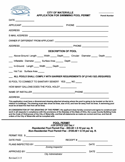 First page of the Swimming Pool Permit Application