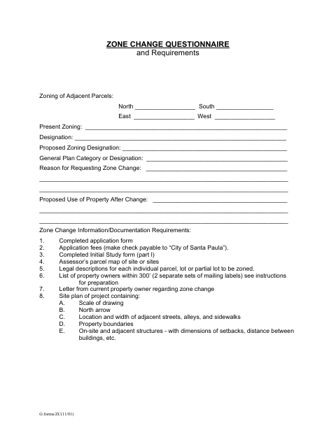 First page of the Zone Change Questionnaire and Requirements