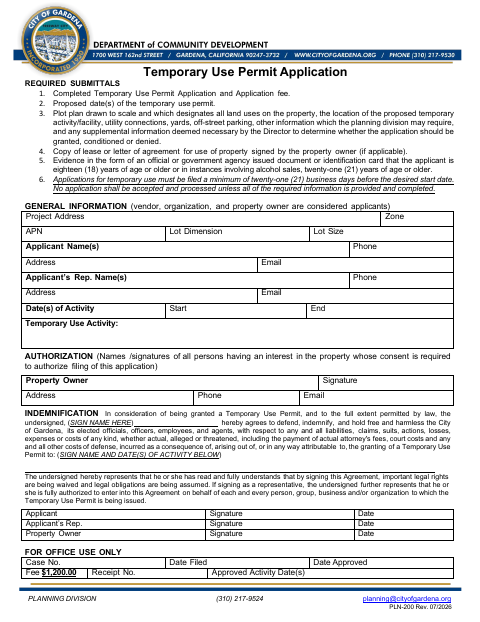 First page of the Temporary Use Permit Application