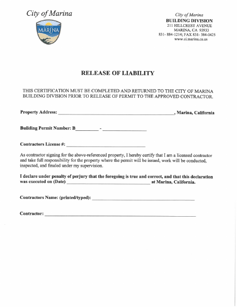 First page of the Release of Liability for Contractors