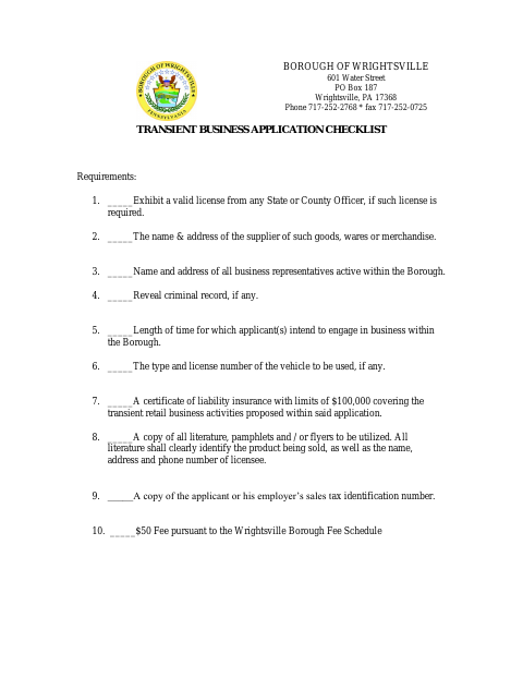 First page of the Transient Business Application Checklist