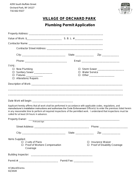 First page of the Plumbing Permit Application